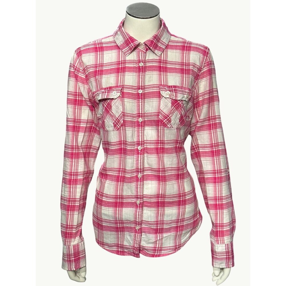 Aeropostale Large Pink White Plaid Button Up Long Sleeve Shirt All Cotton Trendy - Picture 1 of 10